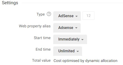The settings box for setting up AdSense or Ad Exchange line items.