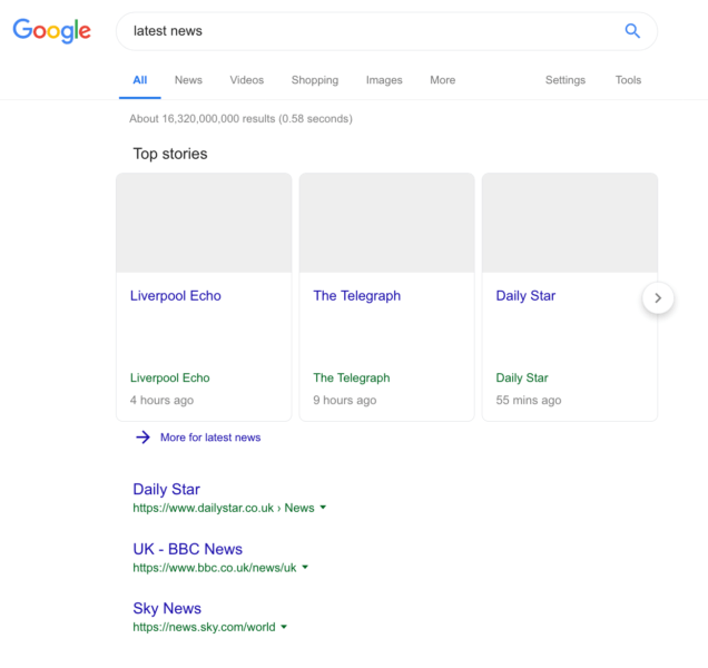 New search results in the Google search engine